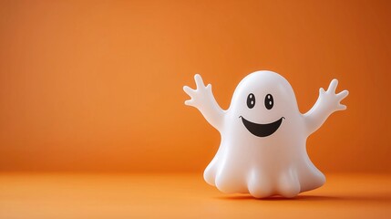 A cute white smiling ghost with a smile on its face on an orange Halloween background