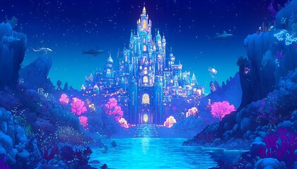 Fantasy castle on the water at night