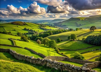 Obraz premium Iconic British Landscape Featuring Rolling Hills, Stone Walls, and Beautiful Green Fields in UK