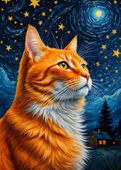 Cat Starry Night, painting illustration starry sky, decoration wall art,