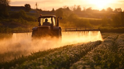 Fototapeta premium A tractor sprays crops in a field during sunset, highlighting agricultural practices.