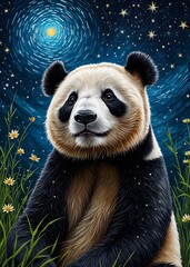 Panda Starry Night, painting illustration starry sky, decoration wall art,