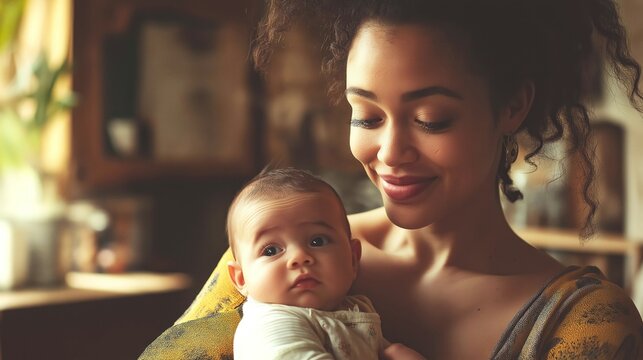 Young mother of mixed ethnicity, holding her baby in a cozy home setting