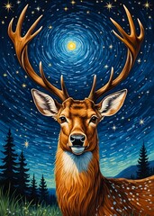 Deer Starry Night, painting illustration starry sky, decoration wall art,