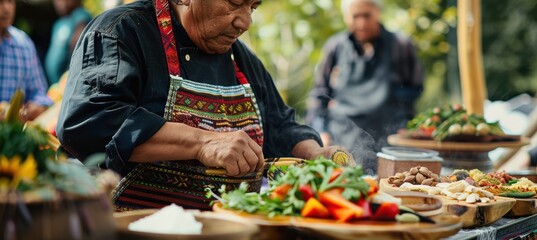 Naklejka premium Indigenous Chef Demonstrates Traditional Cooking at Indigenous Peoples Day Event