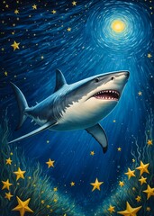Shark Starry Night, painting illustration starry sky, decoration wall art,