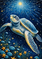 Turtle Starry Night, painting illustration starry sky, decoration wall art,