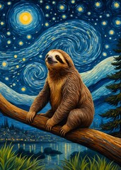 Sloth Starry Night, painting illustration starry sky, decoration wall art,