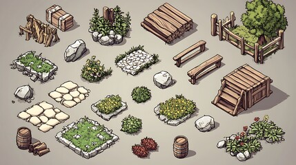 Isometric Medieval Village Building Set,  24 Pieces