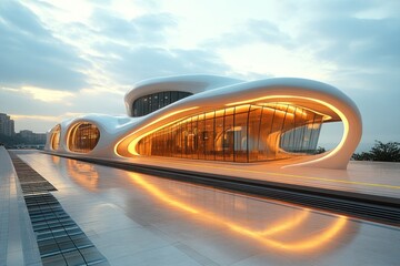 Fototapeta premium A modern, futuristic building with a curved, flowing design, illuminated at dusk.