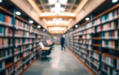 Fototapeta premium Abstract blurred public library interior space. blurry room with bookshelves by defocused effect. use for background or backdrop in business or education concepts