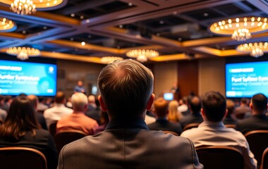 Business and entrepreneurship symposium. Speaker giving a talk at business meeting. Audience in conference hall. Rear view of unrecognized participant in audience.