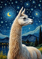 Llama Starry Night, painting illustration starry sky, decoration wall art,