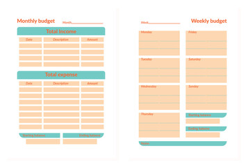 Set of planner pages in different colors. Monthly budget planner. Weekly budget planner. Expenses and finances. Planner page template. Finances. Calculations.