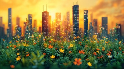 A field of flowers in the foreground with a blurred city skyline in the background with a sunset.