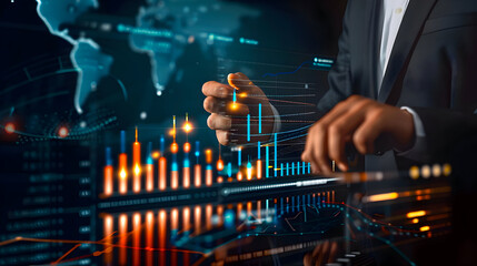 Businessman analyses financial data on a futuristic digital interface