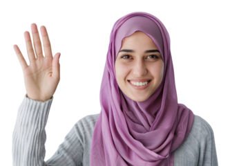 Young muslim woman waving hand smile clothing apparel.