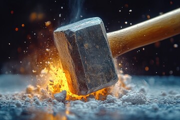 A heavy hammer smashes into a surface, creating a burst of sparks and smoke.