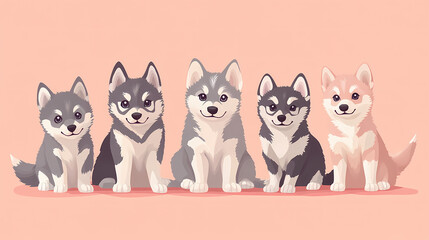 Diverse husky pup pack posing together on soft peach background. Siberian Tundra. Illustration