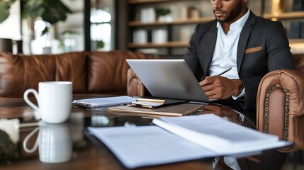 A business professional going over legal documents in a sophisticated office setting


