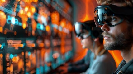 Financial analyst is wearing a vr headset analyzing financial data in a room full of monitors displaying stock market charts - Powered by Adobe