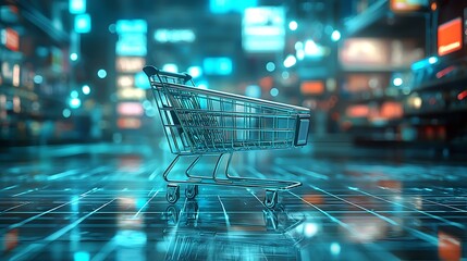 Shopping cart on a futuristic digital platform, representing online shopping, e commerce, digital marketing, and technology