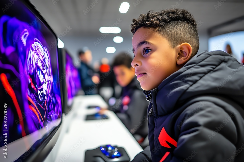 Poster A futuristic school classroom where students learn using holographic displays, representing the educational innovations in tomorrowâ€™s world