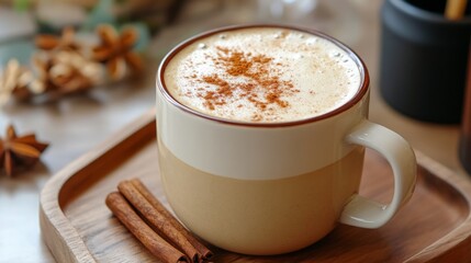 Chai latte with foamed milk and a pinch of cinnamon, cozy cafe atmosphere generative ai