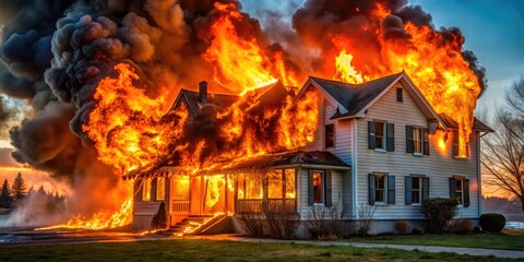 Intense Flames Erupting from a Residential House During a Devastating Fire in a Suburban Neighborhood