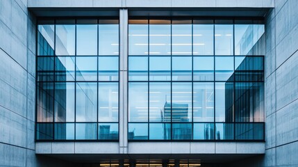 Futuristic urban building made of glass, concrete, and metal, with large glass panels reflecting the surrounding cityscape, sleek concrete walls, and metal frames accentuating the structure.