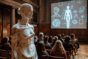 A robot lecturer inspires the future of education with holographic displays in a grand hall