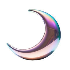 3D chrome element in Y2K style, isolated background, liquid holographic metal. Shiny colorful and curved crescent moon made of metal and has a metallic sheen.