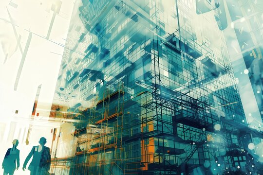 Two men wearing hard hats are standing in front of a building. generative ai image