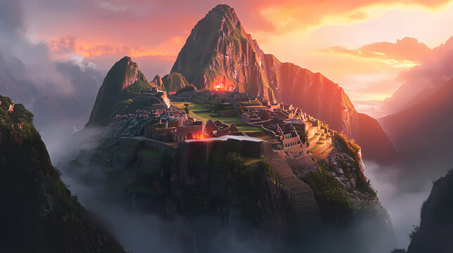 Awe-inspiring view of majestic machu picchu - the lost city of the incas at sunrise. Incan Empire. Illustration