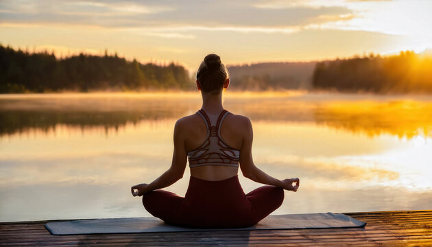 A young fit woman practicing wellness meditation in a lotus position, focusing on deep breathing, surrounded by a serene environment that promotes relaxation and mindfulness.