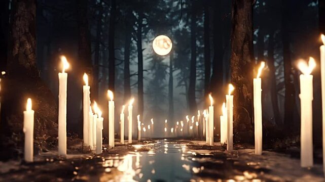 Mysterious moonlit forest scene with slow motion of glowing candles lined along reflective path. Mist and shadows creating surreal and magical ambiance. Witchcraft, rituals, Halloween