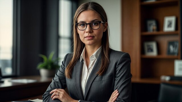confident female entrepreneur in glasses, commanding attention in her office