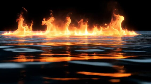 Fire on water at night, reflection in calm surface. Contrast and nature concept