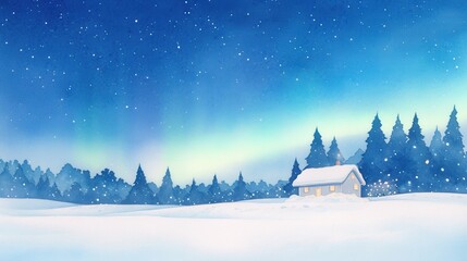 Christmas night with a glowing aurora, lighting up a snowy winter landscape, watercolor style, watercolor illustration, having ample space for text