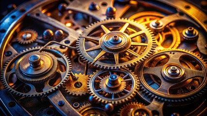Intricate Clock Mechanism Displaying Gears, Springs, and Components in Detail Against Dark Background