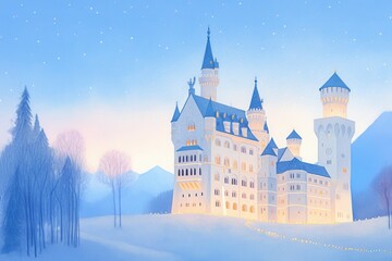 Obraz premium Fantasy ice castle glowing with Christmas lights, surrounded by twinkling stars, watercolor