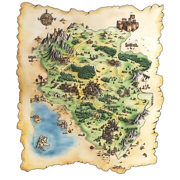Hand drawn fantasy adventure map with old parchment texture. Adventure RPG game design element, medieval fantasy illustration
