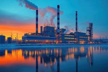 Obraz premium Industrial power plant with smokestacks emitting smoke at sunset, reflected in a frozen river.