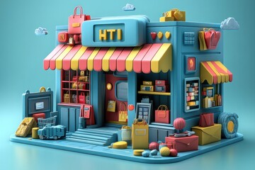 A 3D rendering of a small shop with a blue facade, a yellow awning, and a sign that says "HTI". The shop is filled with various goods and has a shopping cart, bags, and other items in front of it.