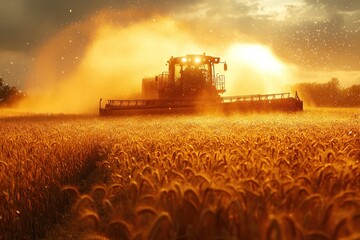 Fototapeta premium A combine harvester working in a field of wheat at sunset, with dust and sunlight creating a dramatic effect.