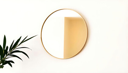 A round wall-mounted mirror with a thin gold frame, adding a touch of elegance and sophistication to any interior space, perfect for enhancing light and depth in a room