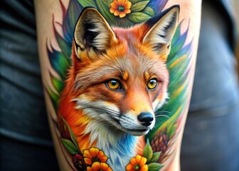 Fototapeta premium Intricate Fox Tattoo Design on Skin Showcasing Detailed Lines and Vibrant Colors in Artistry