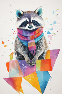 Waschb&auml;r mit Schal steht auf geometrischen Formen &ndash; Fr&ouml;hliche Aquarellkunst als Wandkunst f&uuml;r die Wohnung