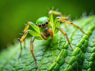 Intricate Green Tiny Spider Crawling on Leaf in Nature, Showcasing the Beauty of Macro Photography