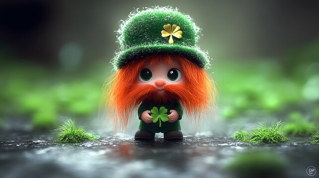 Little red haired leprechaun with beard wearing green costume and hat have fun on clover field. Saint Patrick's Day. Cartoon character for design card, banner, sticker, print, poster, flyer